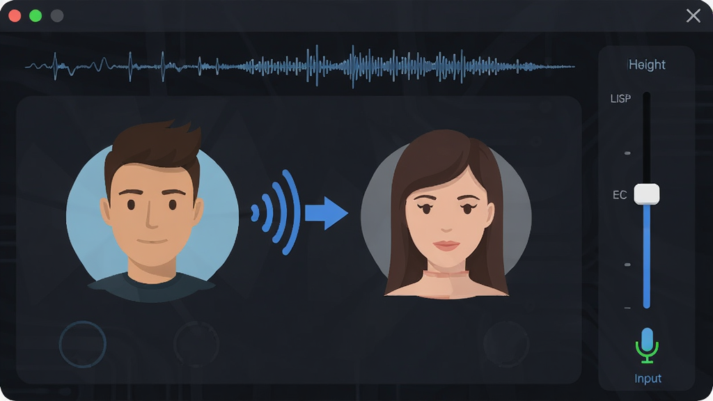 变声器男声变女声软件界面特写,画面中央一个男性头像通过声波箭头变为女性头像,右侧显示音调滑块从低到高排列,背景为深色科技面板,风格扁平化设计,细节包含实时波形图和麦克风输入指示灯,画质高清干净无杂乱元素