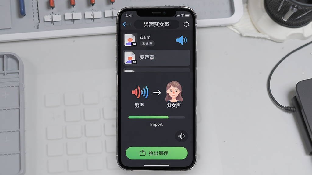 变声器男声变女声文件变声功能界面,手机屏幕显示音频文件列表和导入按钮,中央有处理进度条和男声到女声的转换示意动画,背景为浅灰色工作台风格,细节包含文件格式标签和导出保存按钮,画质清晰干净无多余元素