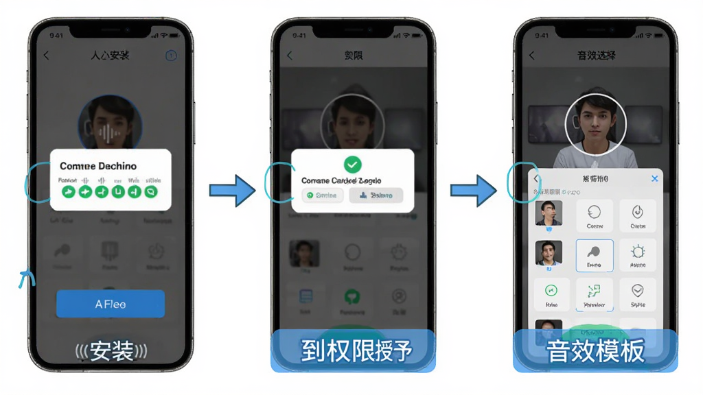 变声器男声变女声手机端操作流程图,画面展示手机屏幕从安装到权限授予再到选择音效模板的步骤示意,包含权限弹窗和音效选择界面缩略图,布局为从左到右三步排列,风格简洁教程图解风,细节包含箭头连接和重点标注框,画质清晰干净无多余元素