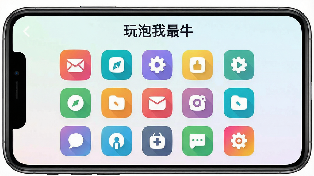 一张展示玩泡我最牛软件主界面的手机屏幕截图,画面中央是色彩活泼的功能图标网格,顶部有软件名称“玩泡我最牛”字样,背景为浅色渐变,风格清爽简洁,细节清晰,画质干净,无多余元素