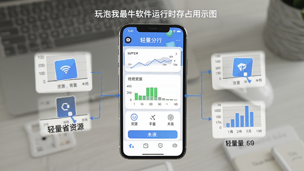 玩泡我最牛软件运行时的手机内存占用示意图,画面以简洁图表形式展示轻量省资源的特点,手机屏幕中央显示软件界面,整体风格干净清爽,画质清晰