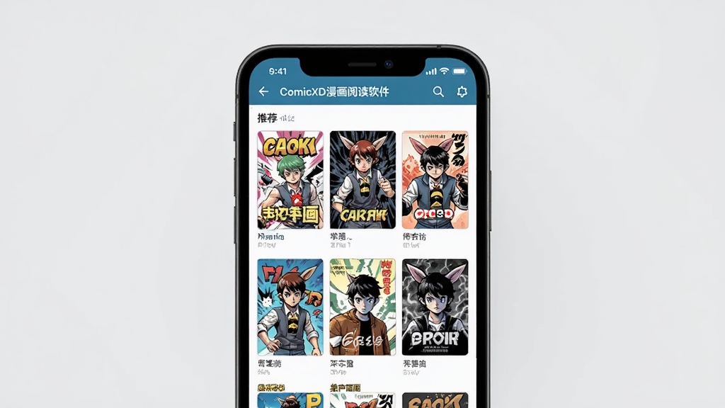 ComicXD漫画阅读软件主界面展示,手机屏幕居中放置,界面显示漫画书架与推荐封面网格,背景为浅灰色简约风格,画面干净整洁,无多余装饰元素,高清画质