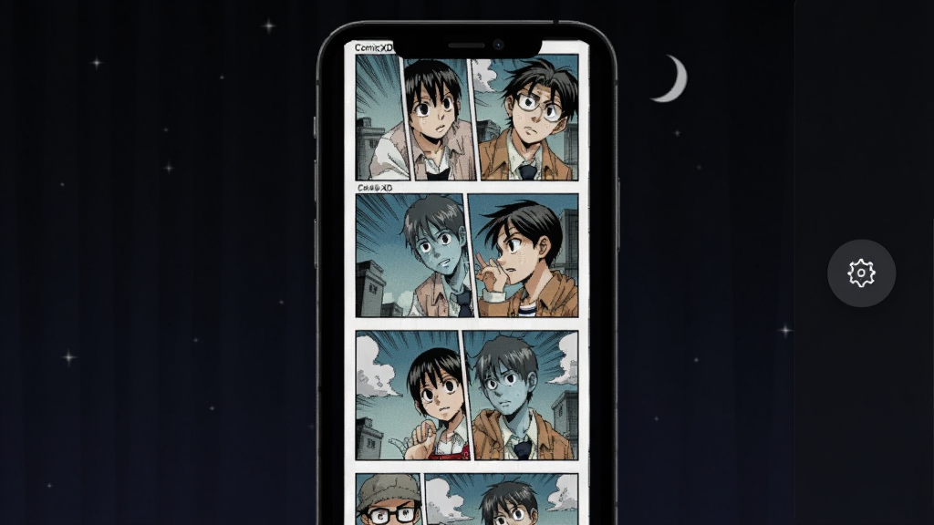 ComicXD阅读界面展示,手机屏幕显示条漫纵向滚动画面,右侧有悬浮设置按钮,背景为深色夜间模式,界面元素简洁,高清画质,干净无杂乱