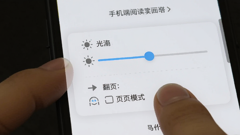 ComicXD手机端阅读设置面板操作示意图,手指点击屏幕呼出菜单,面板包含亮度滑块与翻页模式选项,界面简洁,浅色背景,高清细节