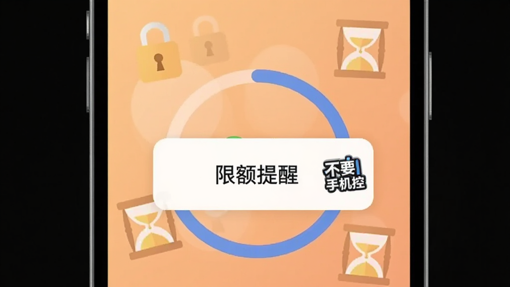 手机屏幕显示一个圆形进度条和“限额提醒”弹窗,弹窗旁有“不要手机控”标志,背景为柔和橙色渐变,画面中有锁形图标和沙漏元素,扁平化UI风格,布局居中,画质干净,无多余元素