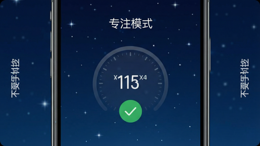 手机屏幕显示“专注模式”界面,中央有计时器和绿色对勾图标,屏幕边缘有“不要手机控”字样,背景为深蓝色夜空和星星,风格宁静简约,布局居中,画质干净,无多余元素