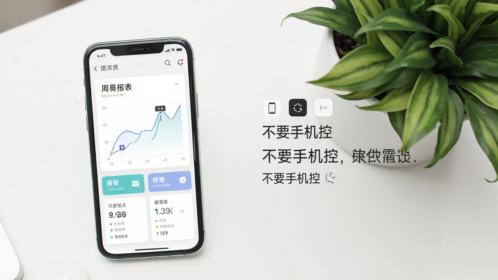 手机屏幕展示折线图和周报卡片,卡片上有“不要手机控”标题,背景为白色桌面和绿植,扁平化报表风格,布局左图右文,画质干净,无多余元素