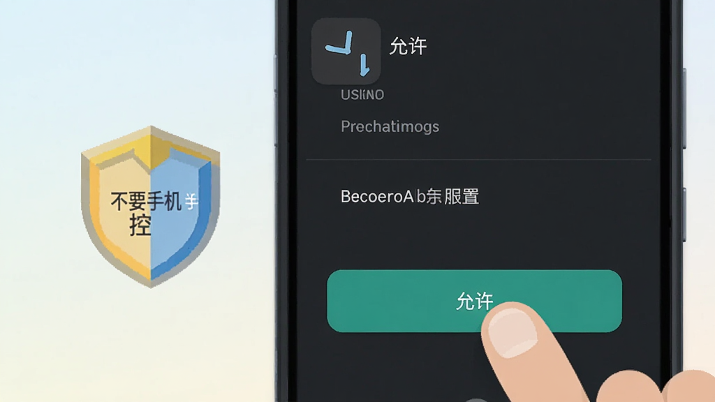 一部安卓手机屏幕显示权限设置页面,旁边有手指点击“允许”按钮的示意,画面中有“不要手机控”图标和盾牌元素,背景为浅色渐变,扁平化教程插画风格,布局清晰,画质干净,无多余元素