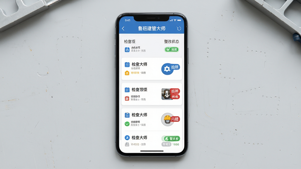 一张展示手机屏幕中工程巡检功能界面的示意图,画面主体为手机居中放置,屏幕内显示“鲁班建管大师”的巡检列表页面,包含检查项、拍照按钮和整改状态标签,布局为手机正面平铺、背景为浅灰色工作台面,排版简洁居中,风格为产品界面展示风,细节包括清晰的图标、卡片式列表、红色问题标记,画质高清干净,无多余元素