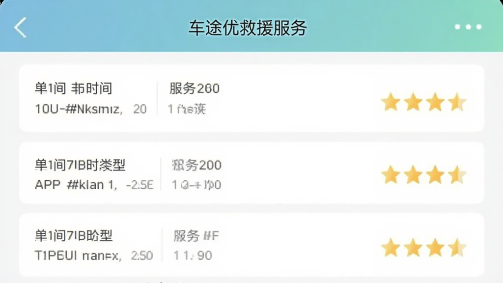 手机应用界面截图,展示车途优救援APP的服务记录列表页面,每条记录包含时间、服务类型和评价星级,界面排版规整,配色柔和,风格简洁商务,画质干净,无多余元素