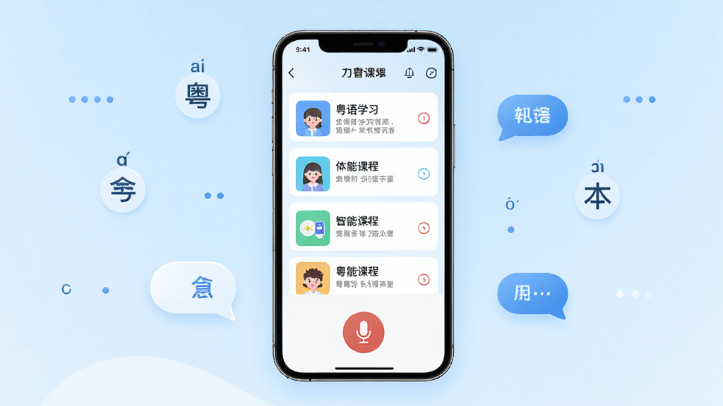 一张手机界面展示粤语智能口语应用主页面,画面中央是手机屏幕,屏幕上显示粤语学习课程列表和麦克风录音按钮,背景是简洁的浅蓝色渐变,周围点缀粤语拼音符号和对话气泡元素,风格清新现代,细节精致,画质高清干净,无多余元素
