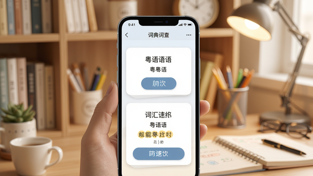 粤语智能口语词汇速查界面展示,手机屏幕呈现词典查询页面,页面中有粤语词汇卡片和发音按钮,背景为书架与学习用品的温馨场景,风格柔和明亮,细节丰富,画质高清,干净整洁