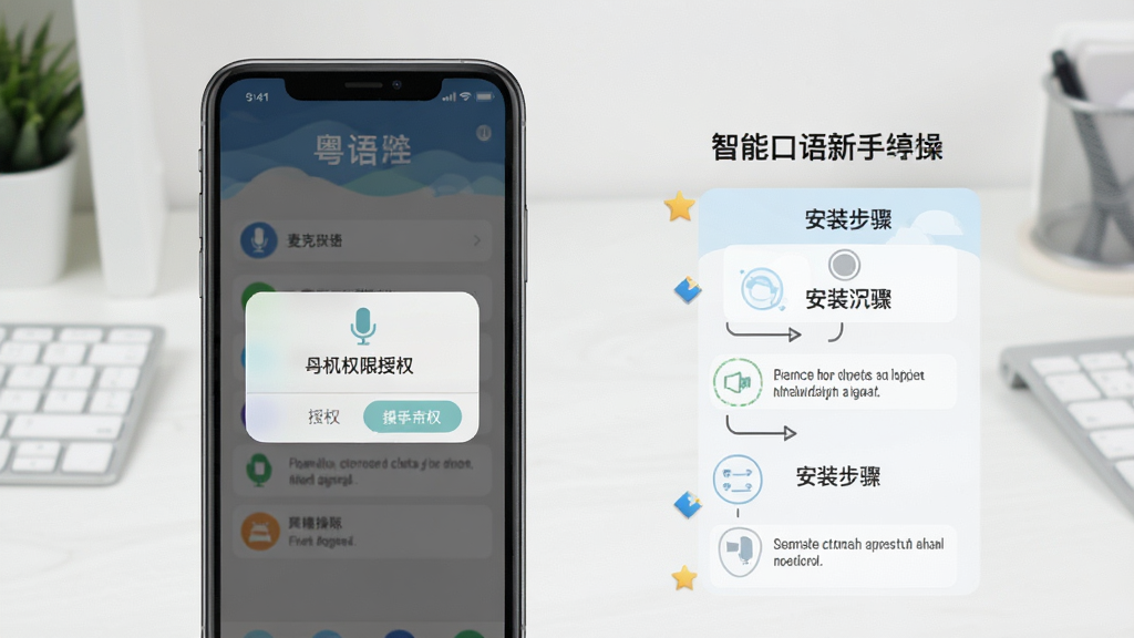 粤语智能口语新手操作引导页面展示,手机屏幕显示麦克风权限授权弹窗和安装步骤示意图,背景为简洁的桌面环境,风格直观明了,细节清晰,画质高清,干净无杂乱元素
