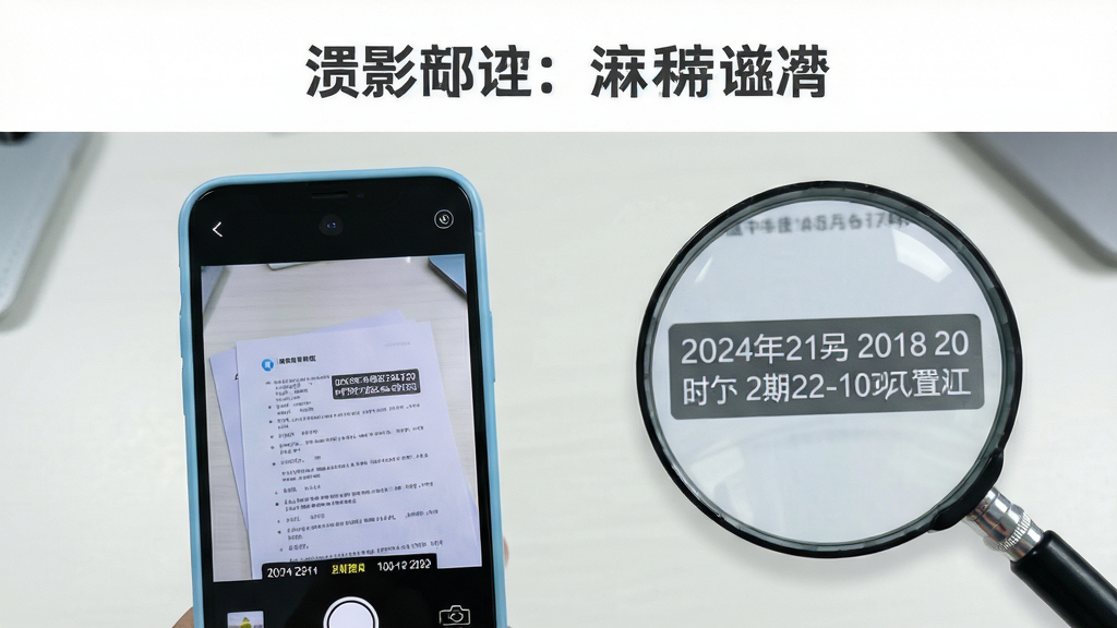 画面主体是一部手机正在拍摄桌面上的文件,取景框内实时显示带有日期和地点水印的画面;布局为手机居中偏左,右侧放置一个放大镜元素突出水印细节;排版采用左右对称结构,上方留白放置标题文字;风格为清新简约风,色调以浅蓝和白色为主;细节上水印文字清晰可辨,手机边框圆润,背景为干净的浅色桌面;画质高清,画面干净,无多余元素。
