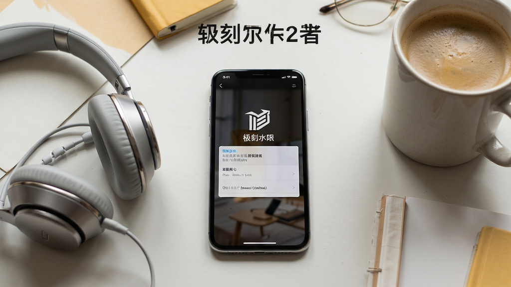 画面主体是一部手机放置在桌面上,屏幕显示极刻水印的权限设置页面,旁边放置一副耳机和一杯咖啡;布局为手机居中,桌面物品自然散落两侧;排版采用生活化场景构图,上方为软件名称文字;风格为温馨生活风,色调以暖黄和浅灰为主;细节上手机屏幕内容清晰,桌面纹理自然,光线柔和;画质高清,画面干净,无多余元素。
