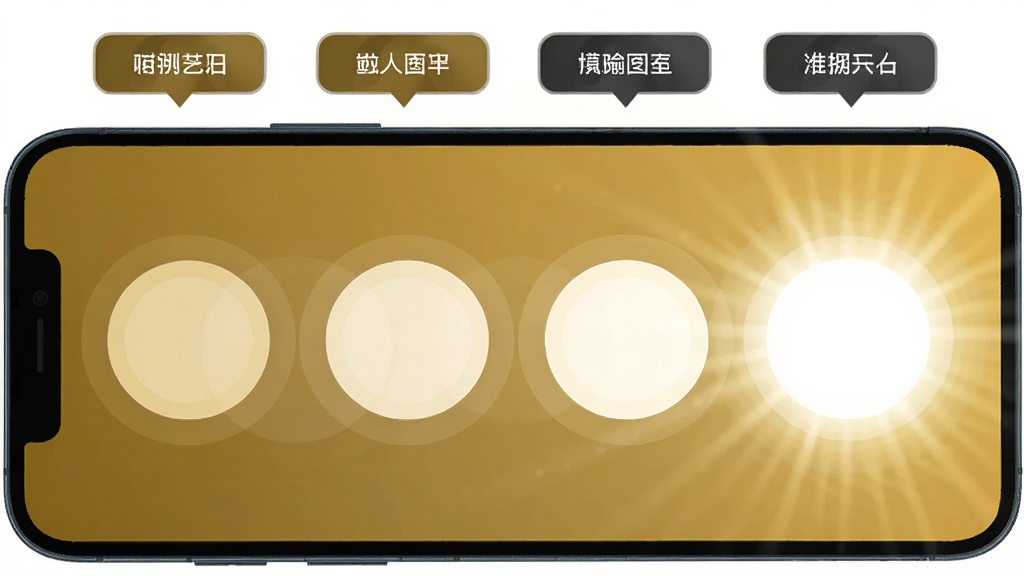 画面展示一部手机横屏放置,屏幕上排列着四个不同亮度的圆形光斑图标,从左到右依次变亮,最右侧光斑最为刺眼。手机上方悬浮着四个标签分别标注不同模式名称。布局为横向排列,排版整齐有序,风格为现代UI展示风,色调以暖黄和深灰为主,细节上体现光斑的渐变与层次感,画质高清,干净无多余装饰。