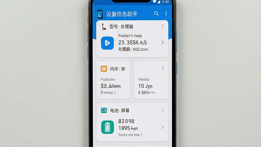 一张展示安卓手机屏幕的图片,屏幕中央显示“设备信息助手”应用界面,界面采用卡片式布局,顶部有手机型号和处理器信息卡片,中部为内存与存储卡片,底部为电池与屏幕参数卡片,整体布局清晰,风格简洁现代,细节包括图标和数值文字,画质清晰,干净,无多余元素