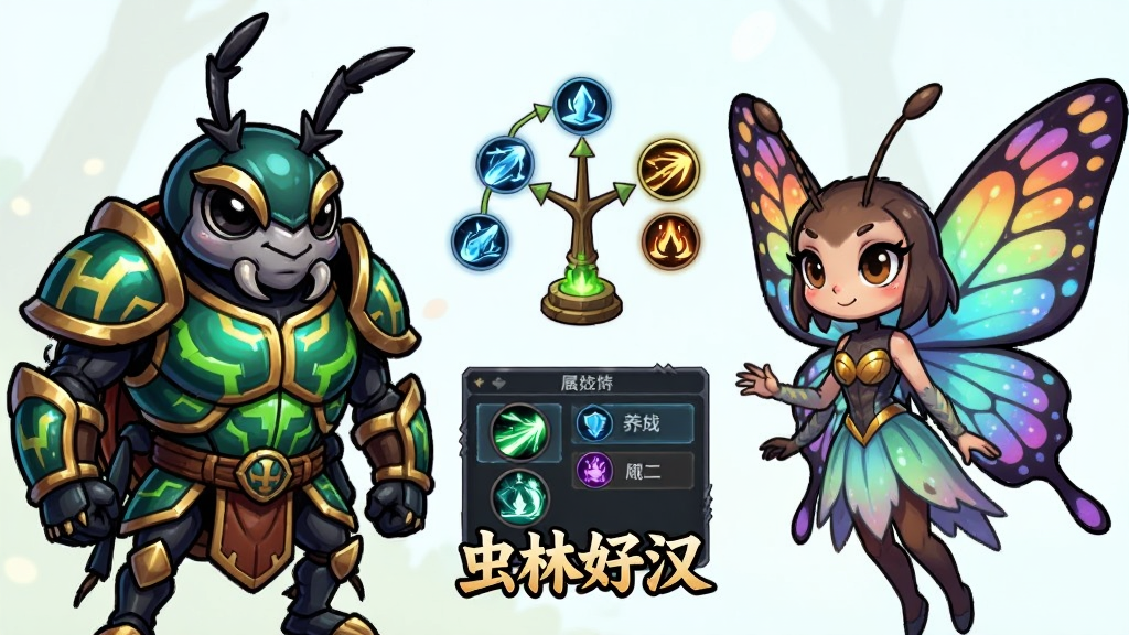 画面主体是一只拟人化甲虫战士与一只蝴蝶法师并肩站立,布局为左右对称双角色展示,中间悬浮着技能树与属性面板的简化图形,排版清晰突出角色与养成元素,风格为2D游戏角色立绘卡通风格,细节包括甲虫铠甲纹路、蝴蝶翅膀渐变色彩、技能图标发光效果,画质高清干净,画面中打文字“虫林好汉”