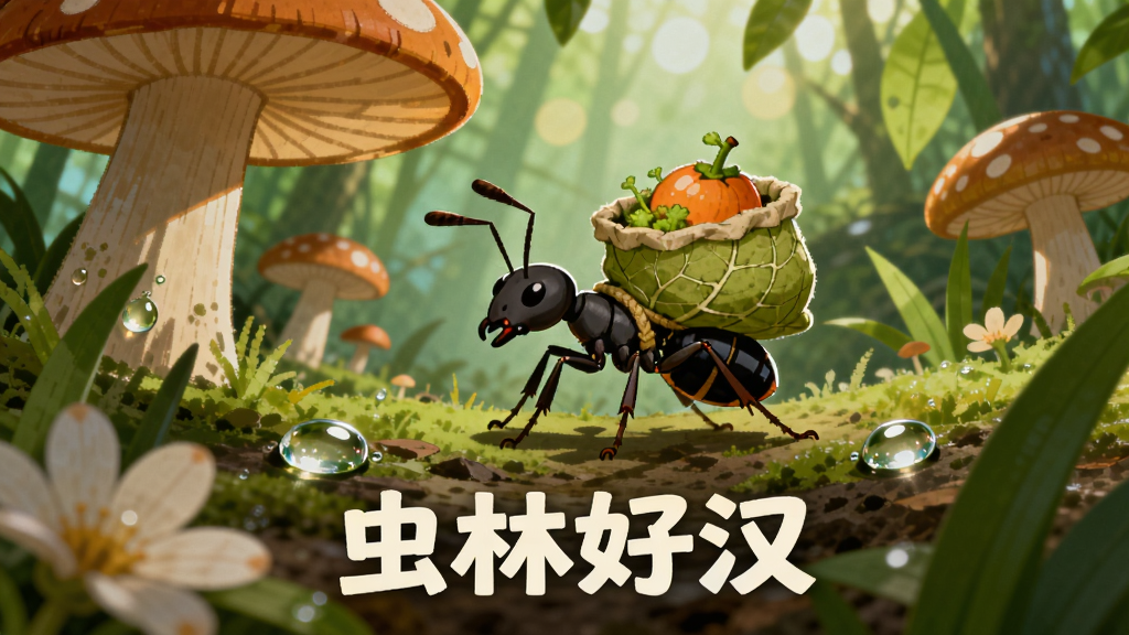 画面主体是一只蚂蚁工兵背着采集袋走在巨大的蘑菇与草叶之间,布局为斜向延伸的丛林小径构图,前景有露珠与花瓣,背景为层叠的绿色植被与阳光光斑,排版下方留出空间打文字“虫林好汉”,风格为清新自然2D场景插画,细节包括蚂蚁背袋里的果实、叶脉纹理、光斑柔和,画质高清干净,无杂乱元素