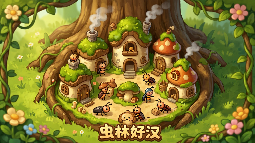 画面主体是一座建在树根之间的微型昆虫巢穴城堡,布局为俯视微缩景观构图,巢穴包含多个功能建筑与忙碌的虫虫居民,排版四周环绕藤蔓与小花,风格为温馨可爱的2D经营场景插画,细节包括建筑上的苔藓、烟囱冒出的轻烟、小虫搬运材料,画质高清干净,画面中打文字“虫林好汉”