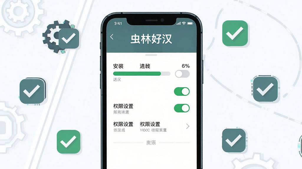 画面主体是一部智能手机屏幕上显示游戏安装进度条与权限设置界面,布局为手机居中、周围环绕设置图标与勾选标记,排版简洁直观,风格为扁平化科技插画,细节包括进度条百分比、权限开关图标、绿色对勾,画质高清干净,画面中打文字“虫林好汉”