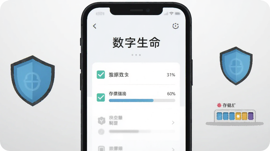画面展示一部手机屏幕显示'数字生命'的设置页面,旁边有盾牌图标与存储空间示意图,背景为浅灰色渐变,布局以手机为中心左右分布提示图标,风格为简洁说明插画,细节包含勾选标记与进度条,画质清晰干净,无多余元素