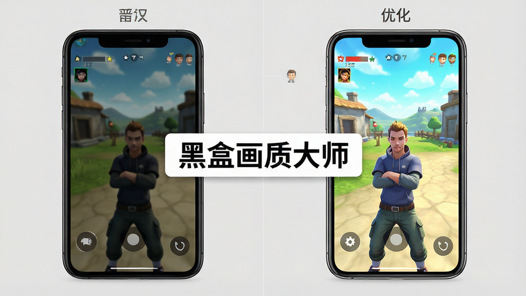 一张展示手机游戏画面调节前后对比的图片,画面分为左右两部分,左侧为普通画质游戏截图,右侧为优化后清晰明亮的游戏截图,中间带有