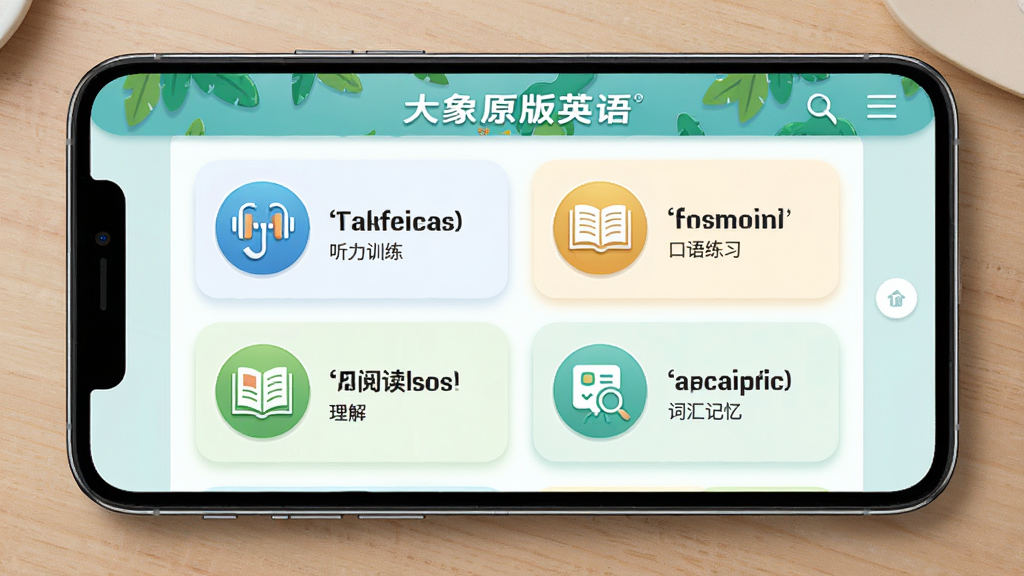 大象原版英语多维度训练选择页面手机界面,屏幕上排列听力训练、口语练习、阅读理解、词汇记忆四个功能模块图标,界面中有