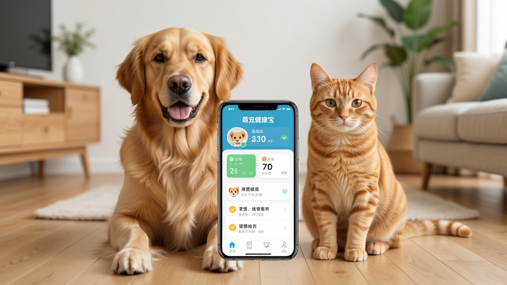 一只金毛犬和一只橘猫并排坐在明亮的客厅地板上,前方悬浮着一部智能手机,手机屏幕显示“萌宠健康宝”应用界面,界面中有宠物头像、健康数据卡片和提醒事项列表,背景是温馨的浅木色家居环境,画面布局居中对称,风格清新写实,细节丰富,光线柔和自然,画质高清,干净整洁,无多余元素