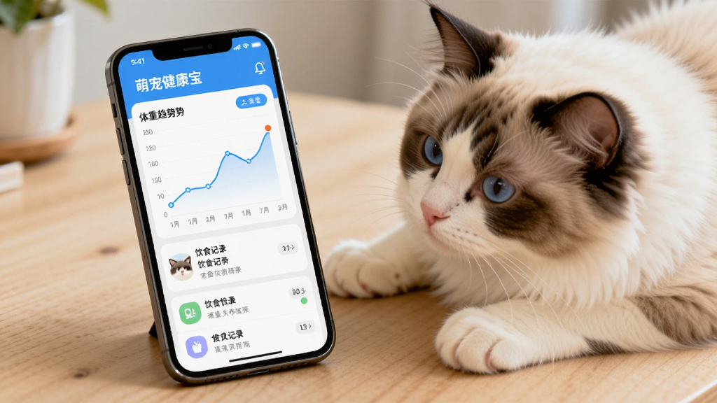 手机界面展示“萌宠健康宝”的体重趋势折线图,图表下方有饮食记录条目,一只布偶猫趴在手机旁边好奇地看着屏幕,背景为浅色木纹桌面,风格温馨自然,画质细腻,干净清爽