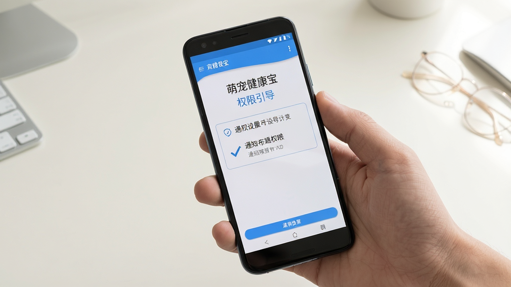 一只手拿着安卓手机,屏幕显示“萌宠健康宝”的权限设置引导页面,旁边有勾选通知权限的提示框,背景是简洁的浅色桌面,风格写实清晰,画质高清,画面干净无杂乱