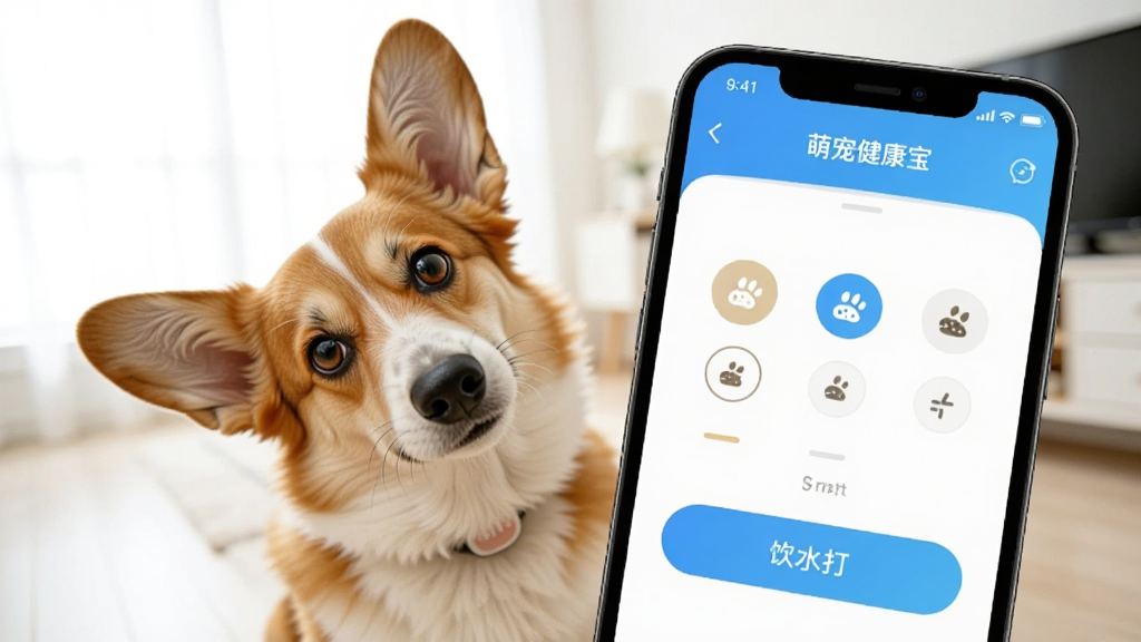 手机屏幕显示“萌宠健康宝”的日常打卡页面,有便便状态选择图标和饮水打卡按钮,一只柯基犬坐在旁边歪头看镜头,背景是明亮的室内环境,风格活泼可爱,画质清晰,画面干净