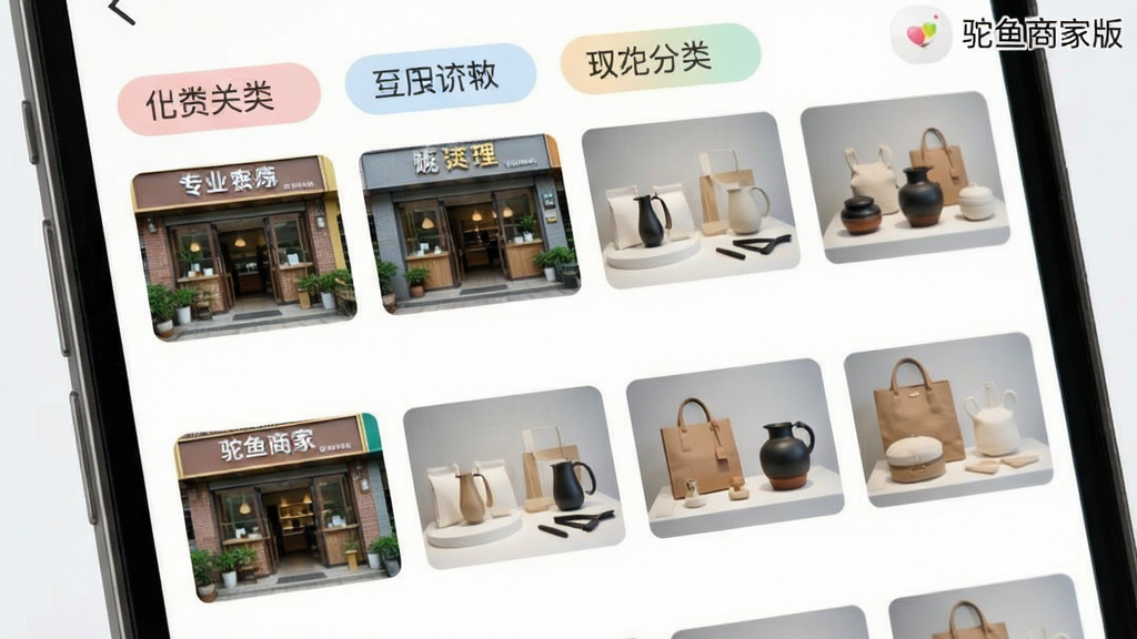 画面主体为手机屏幕中的视频素材管理界面,展示多行缩略图卡片与分类标签,布局为界面特写占满画面、右上角露出“驼鱼商家版”小字标识,排版上卡片网格整齐排列、标签栏位于顶部,风格为扁平化清爽界面设计,细节上缩略图内容为店铺门头与商品展示、分类标签颜色柔和,画质清晰干净、无多余元素