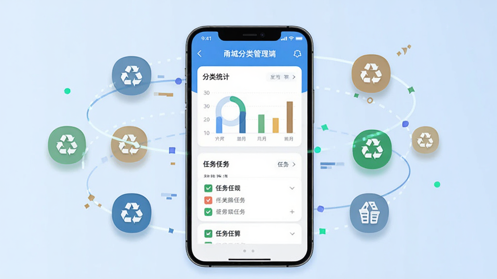 画面中央展示一部智能手机,手机屏幕上呈现“甬城分类管理端”应用主界面,界面包含分类统计图表与任务列表卡片,手机周围环绕垃圾分类图标与数据流动线条,背景为浅蓝色渐变,整体布局居中对称,风格为现代扁平化科技插画,细节包括图标阴影与卡片圆角,画质清晰干净,无多余元素