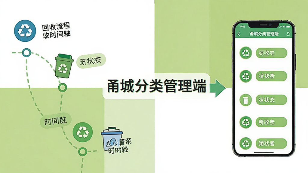 画面以“甬城分类管理端”文字标识为视觉中心,左侧展示回收流程时间轴,右侧展示手机屏幕中的流程状态列表,中间用箭头连接,背景为白色与浅绿色块拼接,风格为简洁信息图,细节包括时间轴节点图标与状态标签,画质清晰干净,无多余元素