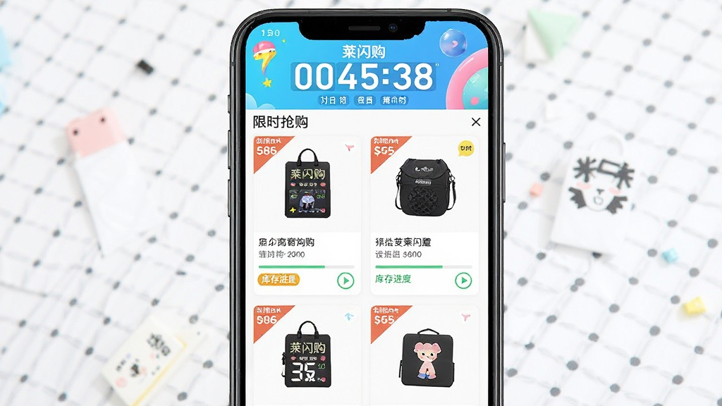 一张电商闪购专区界面的生图,画面主体是手机屏幕中的限时抢购页面,布局为顶部倒计时横幅加下方两列商品卡片网格,风格为明亮活泼的电商促销视觉,细节包含倒计时数字标签、折扣角标、库存进度条与抢购按钮,画面中带有