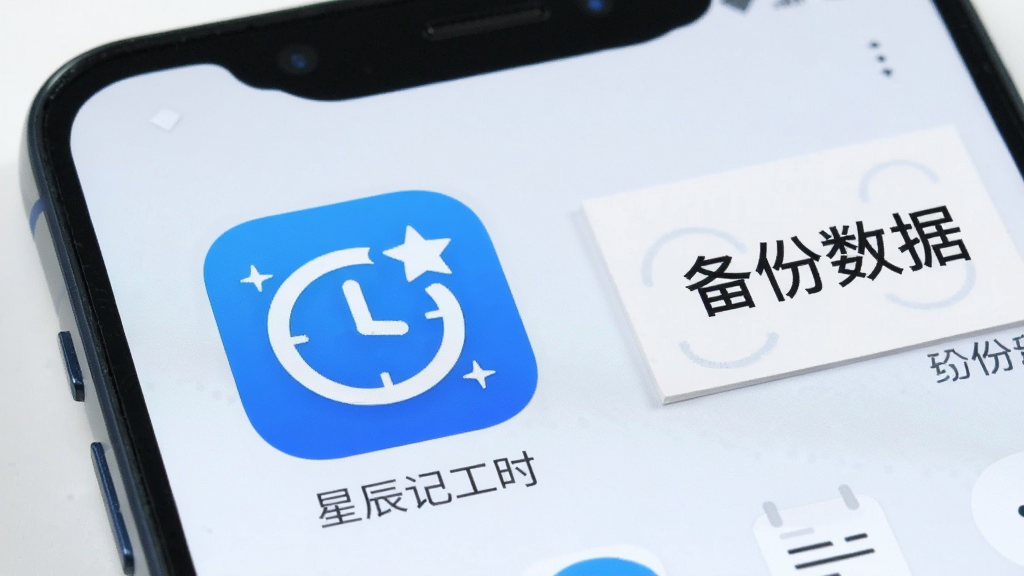 画面主体为一部安卓手机屏幕显示“星辰记工时”应用安装完成后的桌面图标,图标为蓝底白色时钟与星星组合图案;手机旁放置一张写有“备份数据”字样的小卡片;风格为清新数码风,色调明亮,细节包括图标边缘清晰、桌面背景简洁;画质干净,无多余元素
