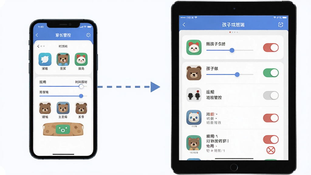 熊孩子守护-孩子端 远程应用管控功能展示图,主体为一部手机和一部平板电脑并排摆放,手机屏幕显示家长端管控界面,平板屏幕显示孩子端应用列表,两者之间用虚线箭头连接表示远程控制关系,布局为左右对比结构,风格为科技感扁平插画,细节包含应用图标、时间限制滑块、禁用开关按钮,画质清晰,干净,无多余元素