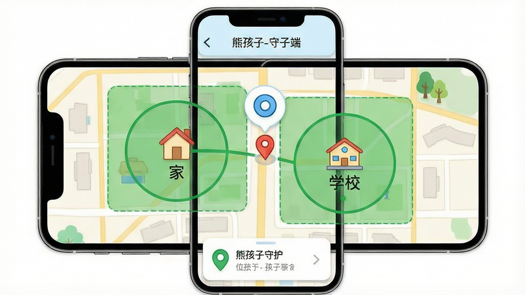 熊孩子守护-孩子端 位置安全区域功能展示图,主体为一部手机屏幕显示地图界面,地图上标注“家”和“学校”两个安全区域圆圈,一个定位图标位于两区域之间,布局为全屏地图加顶部标题栏,风格为清新地图插画风,细节包含绿色安全区域填充、定位气泡、底部位置信息卡片,画质清晰,干净,无多余元素