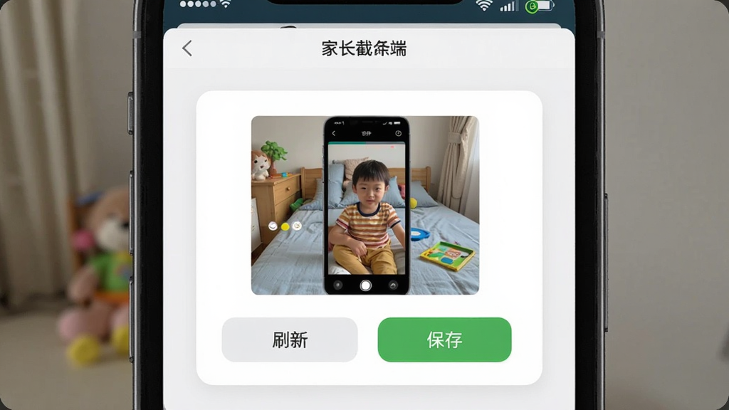 熊孩子守护-孩子端 远程截屏功能展示图,主体为一部手机屏幕显示家长端截屏查看界面,屏幕中央为一张孩子端屏幕截图缩略图,下方有“刷新”和“保存”按钮,布局为居中卡片式布局,风格为简洁工具类界面,细节包含截图预览框、操作按钮、顶部状态栏,画质清晰,干净,无多余元素