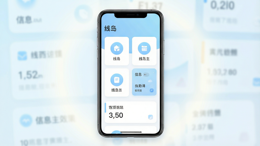 一张展示手机应用线岛主界面的效果图,画面中央是一部竖屏智能手机,屏幕内呈现简洁清爽的卡片式功能布局,顶部为软件名称“线岛”字样,主体区域排列多个圆形功能图标与信息卡片,整体配色以浅蓝与白色为主,背景为柔和的渐变光晕,风格现代简约,细节清晰,画质干净锐利,无多余元素