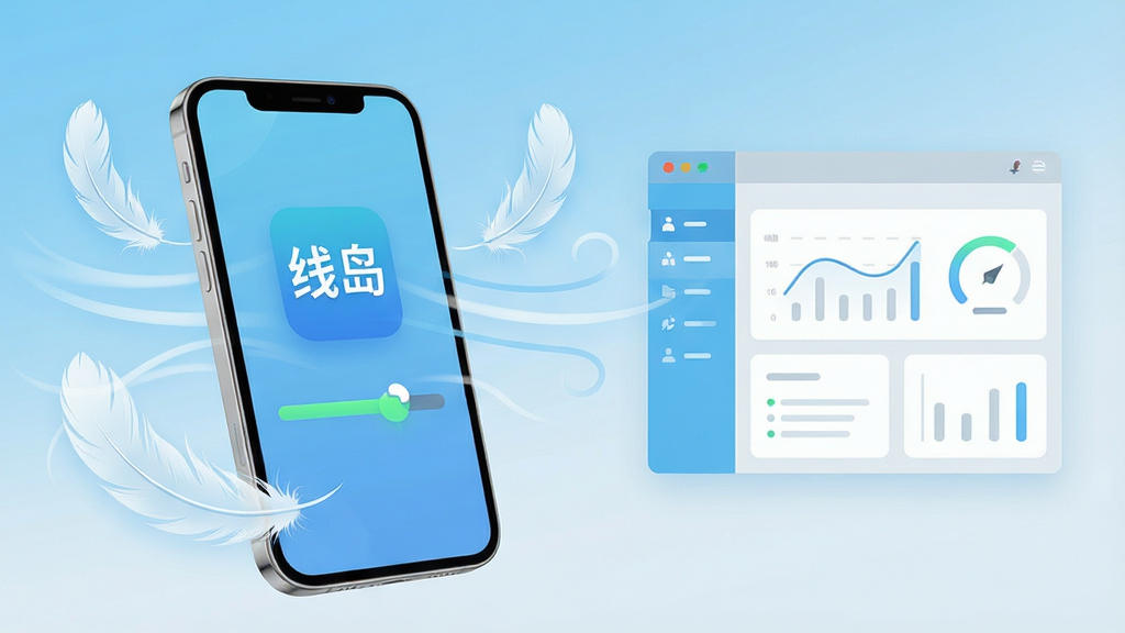 一幅表现线岛轻量运行特性的概念图,画面左侧是一部手机,屏幕外环绕着轻盈的羽毛与气流线条,象征软件占用小、运行轻快,手机屏幕内显示“线岛”应用图标与流畅度指示条,右侧为简洁的数据仪表盘图形,整体风格清新科技感,配色以天蓝和浅灰为主,细节干净,画质清晰,无杂乱元素