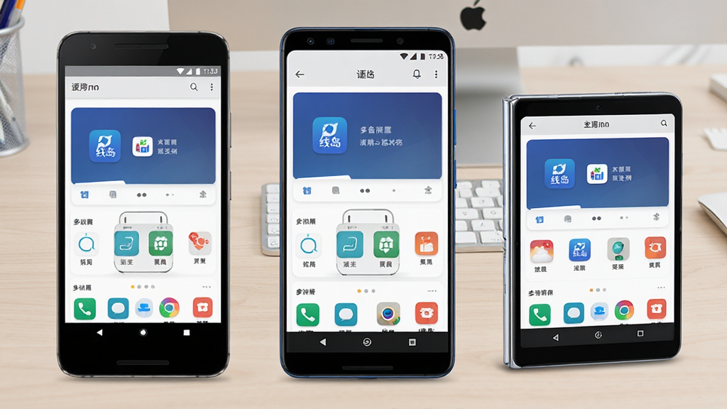 一张展示线岛多设备适配能力的示意图,画面中并排摆放三台不同尺寸的安卓手机,分别为直屏、全面屏与折叠屏形态,每台屏幕内均显示线岛应用界面且布局完整协调,背景为浅色工作台面,风格干净商务,细节清晰,画质锐利,无多余装饰