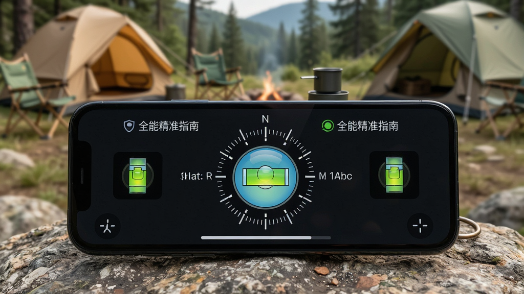 画面主体为手机屏幕显示全能精准指南针的水平仪界面,中央圆形气泡处于居中位置,周围有校准提示文字,手机平放在岩石表面,背景为虚化的户外营地场景,采用实用工具风格,布局聚焦屏幕,细节清晰,画质干净,无多余元素