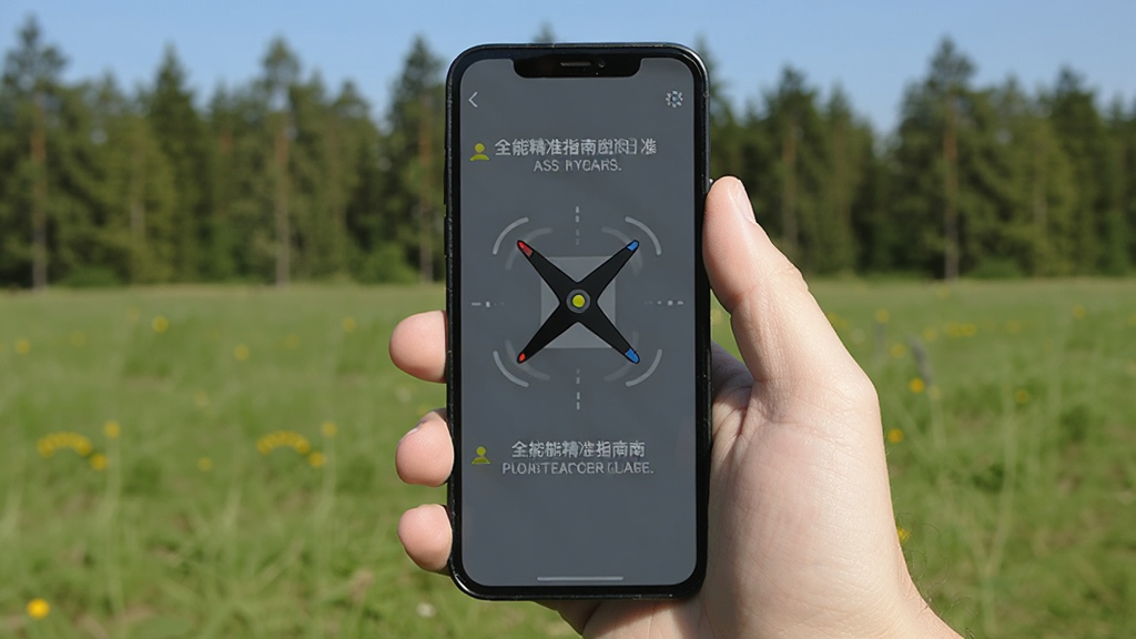 画面主体为一部手机显示全能精准指南针的校准引导界面,屏幕上有八字形晃动示意图形与提示文字,手机被一只手握持在户外草地上,背景为虚化的树林与蓝天,采用户外教学风格,布局以手机与手部为焦点,细节清晰,画质干净,无多余元素