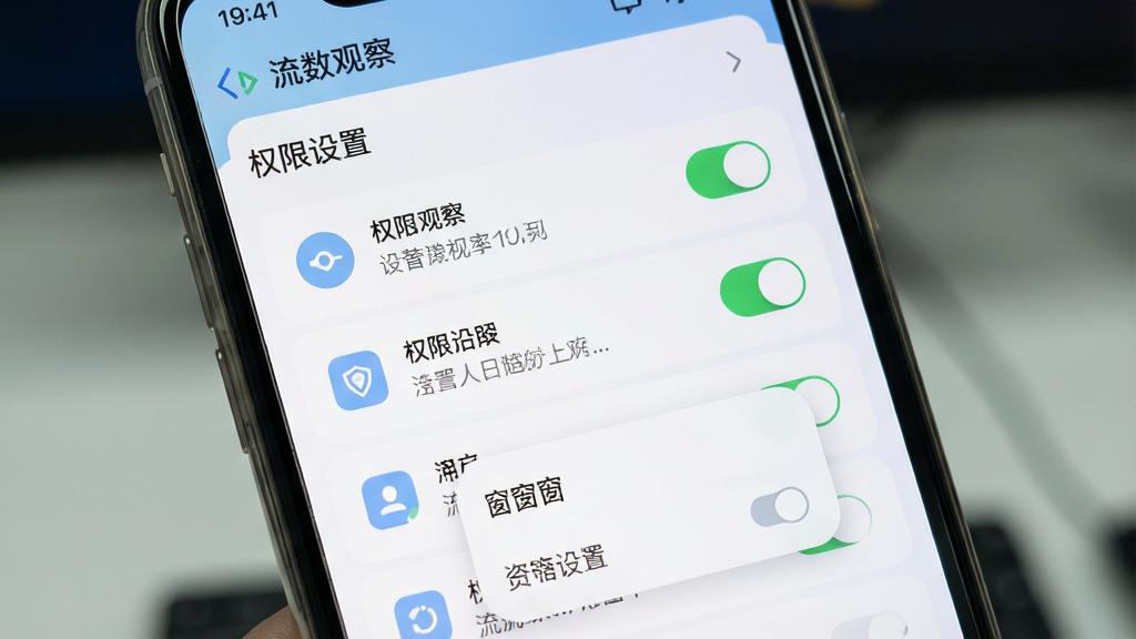 一张手机屏幕展示流数观察软件设置与权限管理页面的图片,画面主体为权限开关列表与悬浮窗设置选项,布局为上方标题下方列表,风格为清爽浅色卡片式设计,细节包含权限图标、开关按钮与说明文字,画质高清,画面干净,屏幕中显示中文文字