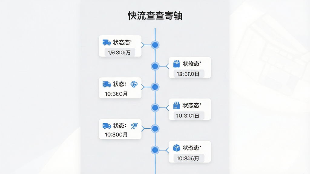 主体为一条纵向物流时间轴,轴线上分布多个节点圆点,每个节点旁配有状态文字卡片与时间标签,时间轴顶部为快递物流查寄收应用名称;布局为竖向居中构图,左右两侧留白均衡;排版简洁,节点间距均匀;风格为极简信息图表风格,浅灰底色配蓝色节点;细节包括节点连线、状态图标、时间文字;画质高清,画面干净,无多余元素