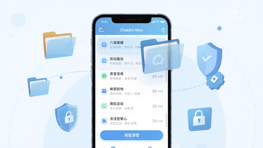 一张手机存储管理界面的示意图,屏幕上显示对话记录列表与清理按钮,旁边漂浮着文件夹与盾牌图标象征本地存储与安全,整体布局为手机居中、图标环绕,风格为科技感矢量插画,细节包括半透明卡片、浅蓝色调、简洁的列表排版,画质清晰,画面干净,屏幕顶部有“ChatAir-Max”标识