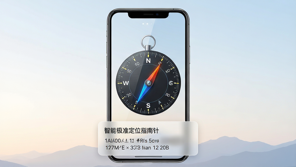 画面主体是一部竖屏智能手机,屏幕中央显示圆形罗盘界面,指针指向北方,罗盘外圈标注东南西北与角度刻度,手机下方叠加半透明的经纬度信息卡片;布局采用居中对称构图,手机置于画面正中,背景为浅色渐变天空与远山轮廓;排版上软件界面元素清晰突出,四周留白干净;风格为现代科技感与清新简约融合;细节上罗盘刻度精细、指针高亮、屏幕有轻微反光质感;画质高清、干净、无多余元素,画面中可出现文字“智能极准定位指南针”