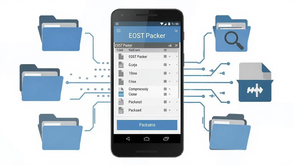画面中央放置一部安卓手机,手机屏幕上显示“EOST Packer”软件主界面,界面包含文件列表与打包按钮,周围环绕文件夹图标、压缩包图标与数据流线条,整体采用扁平化科技风格,蓝灰配色,布局左右均衡,细节清晰,画质干净锐利,无多余装饰元素